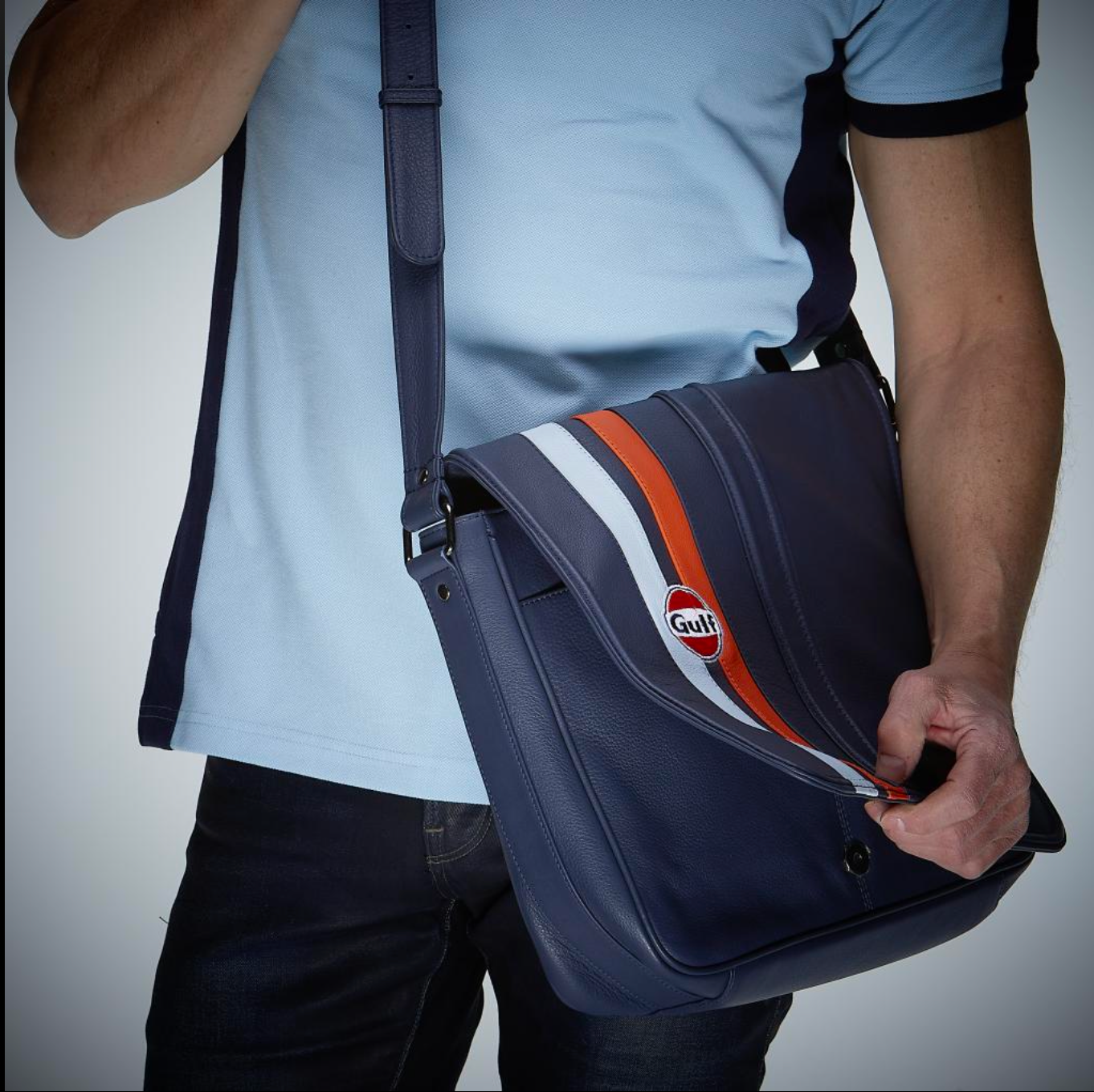 Sac bandoulière Silverstone en cuir bleu Gulf et orange 