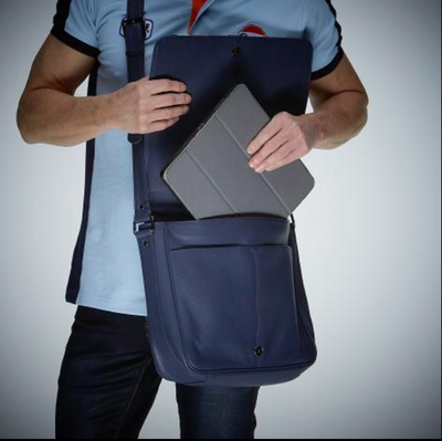 Sac bandoulière Silverstone en cuir bleu Gulf et orange 